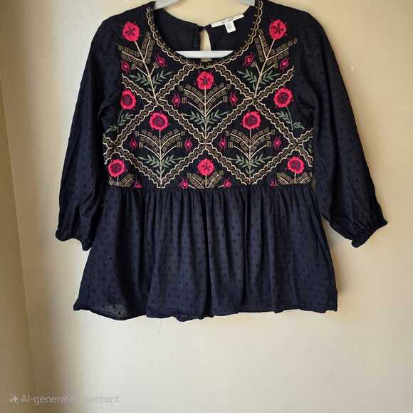 Embroidered Floral Boho Tunic Top Size S Black Red Roses Polka Dots Cotton - Picture 1 of 9